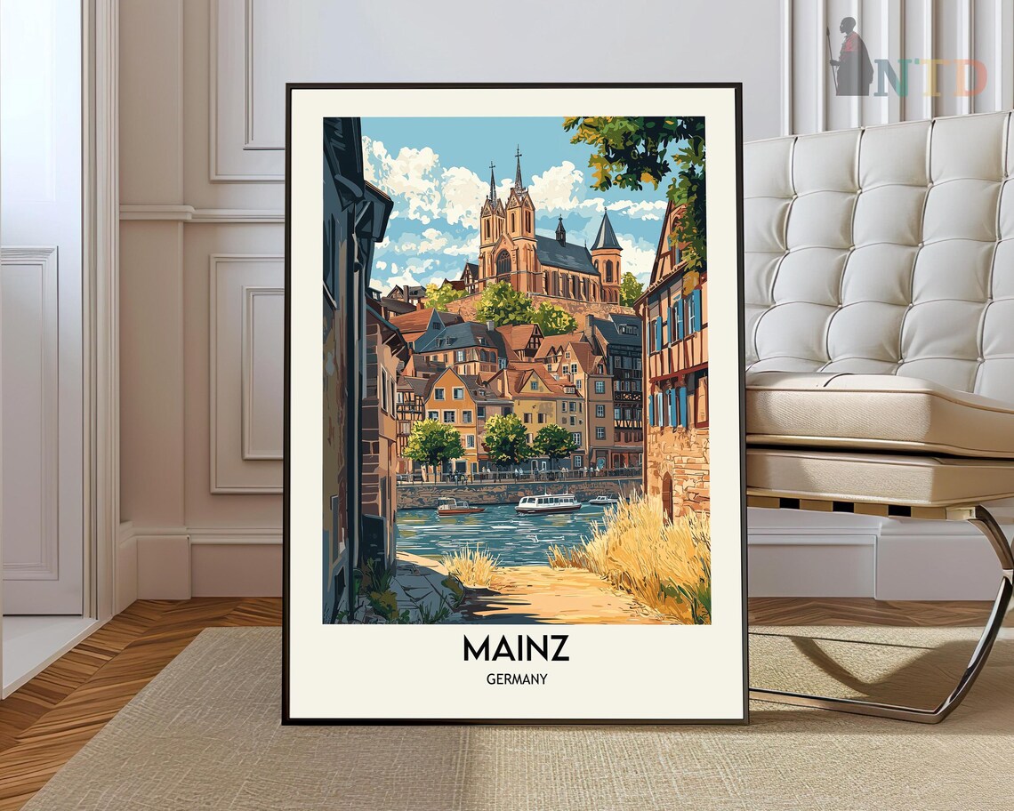 Mainz Germany Rhine Riverfront Cathedral Old Town Vintage Travel Poster