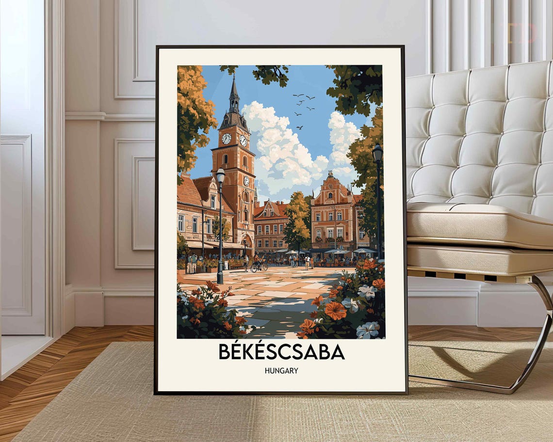 Bekescsaba Hungary Clock Tower Square Vintage Travel Art Poster
