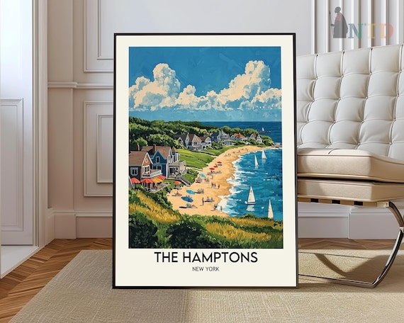 The Hamptons New York Beach Cottages Sailboats Travel Poster