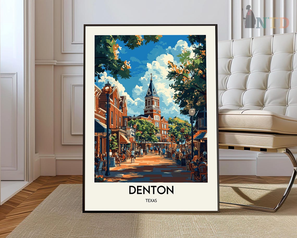 Denton Texas Downtown Square Historic Clock Tower Shops Day Poster