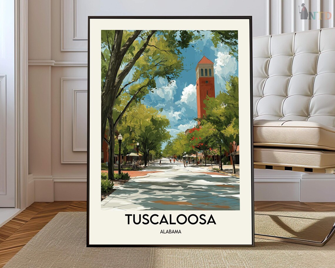 Tuscaloosa Campus Red Tower Tree Lined Street Alabama Travel Poster