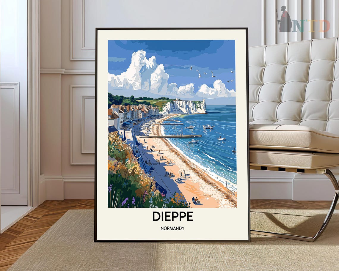 Dieppe Normandy Beach Harbor White Cliffs Vintage Travel Poster