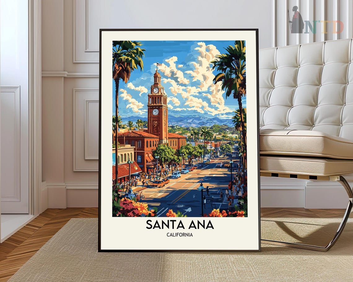 Santa Ana California Clock Tower Palm Street Vintage Travel Poster