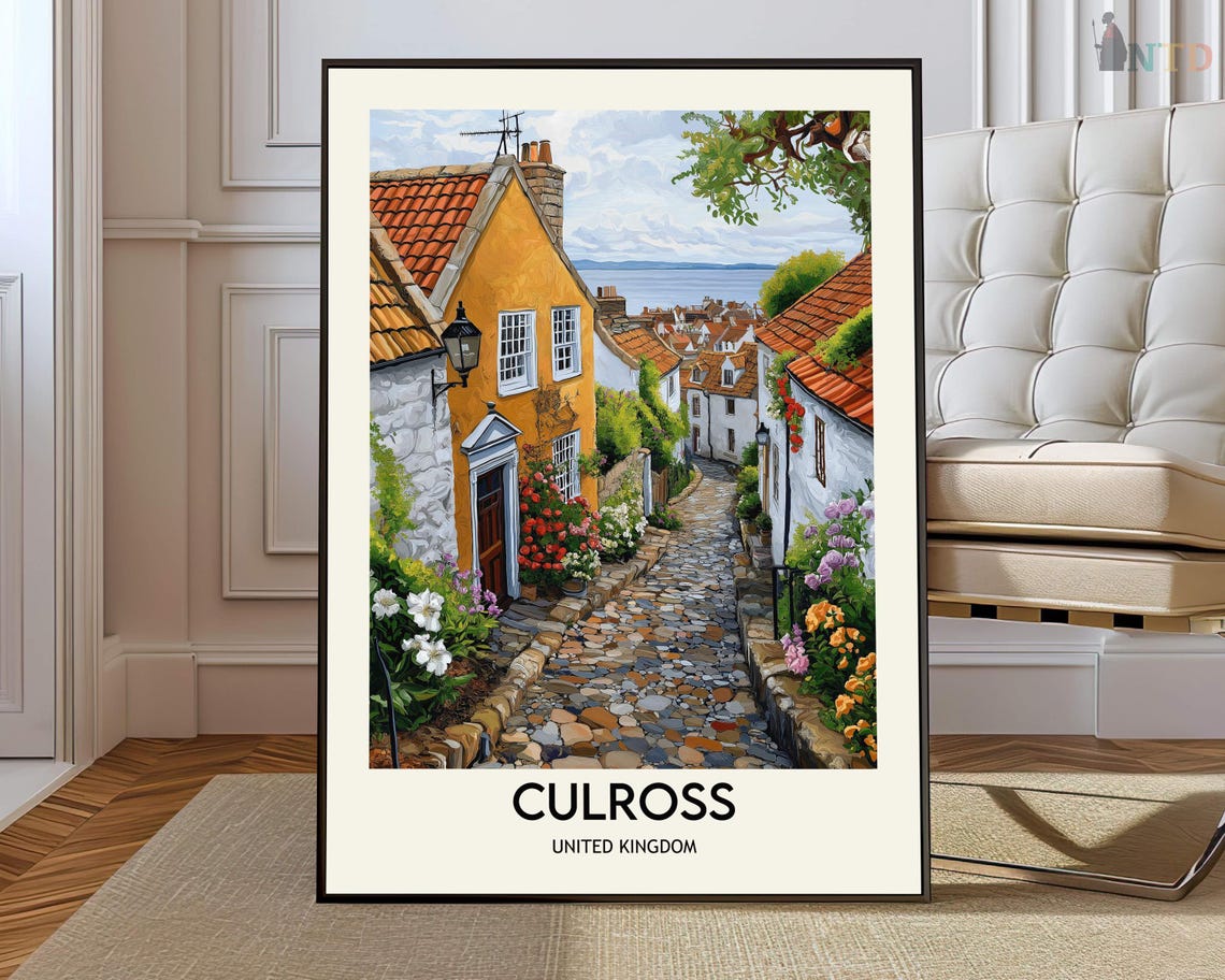 Culross Scotland Yellow Cottage Cobblestone Lane Travel Poster