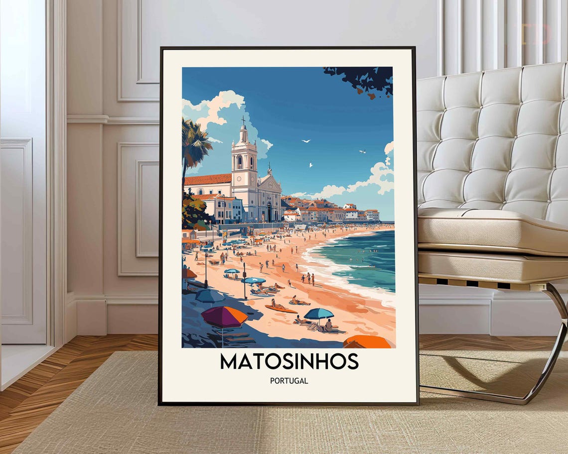 Matosinhos Portugal Beach Vintage Travel Poster Church Tower View