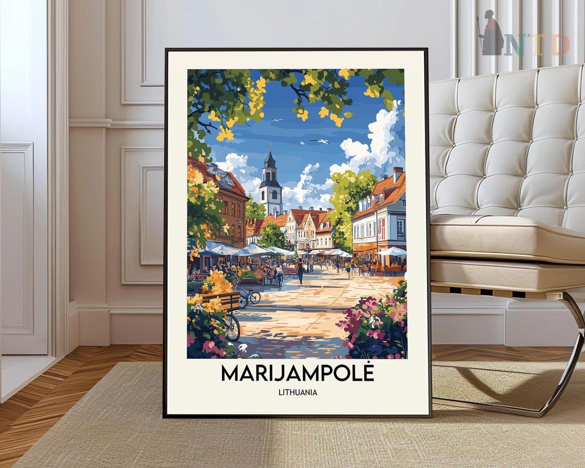 Marijampole Lithuania Sunny Town Square Market Colorful Travel Poster