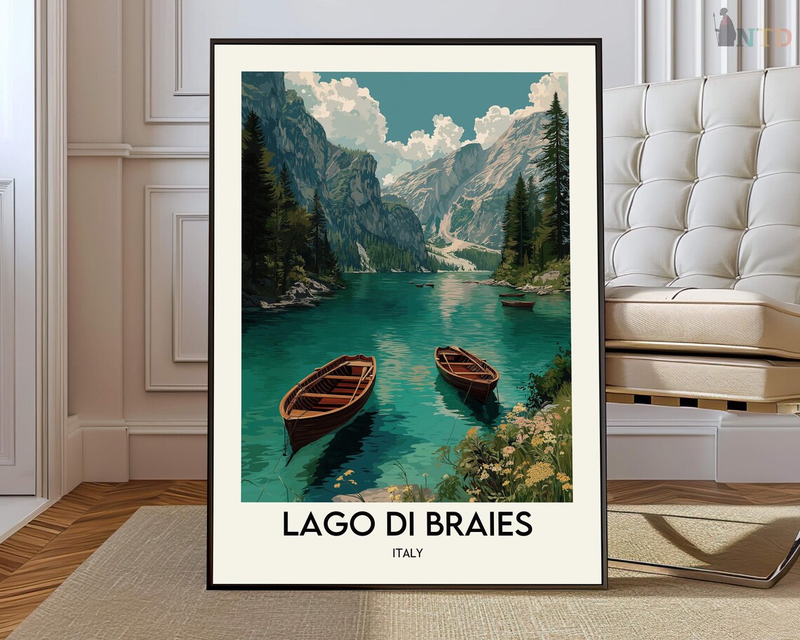 Lago di Braies Italy Emerald Lake Wooden Boats Travel Poster