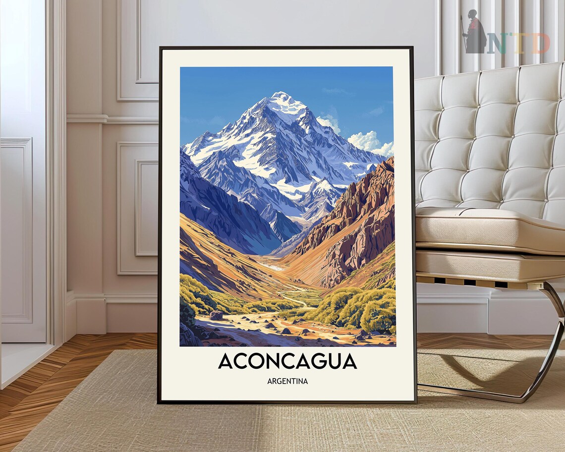 Aconcagua Argentina Snow Capped Mountain Vintage Travel Poster