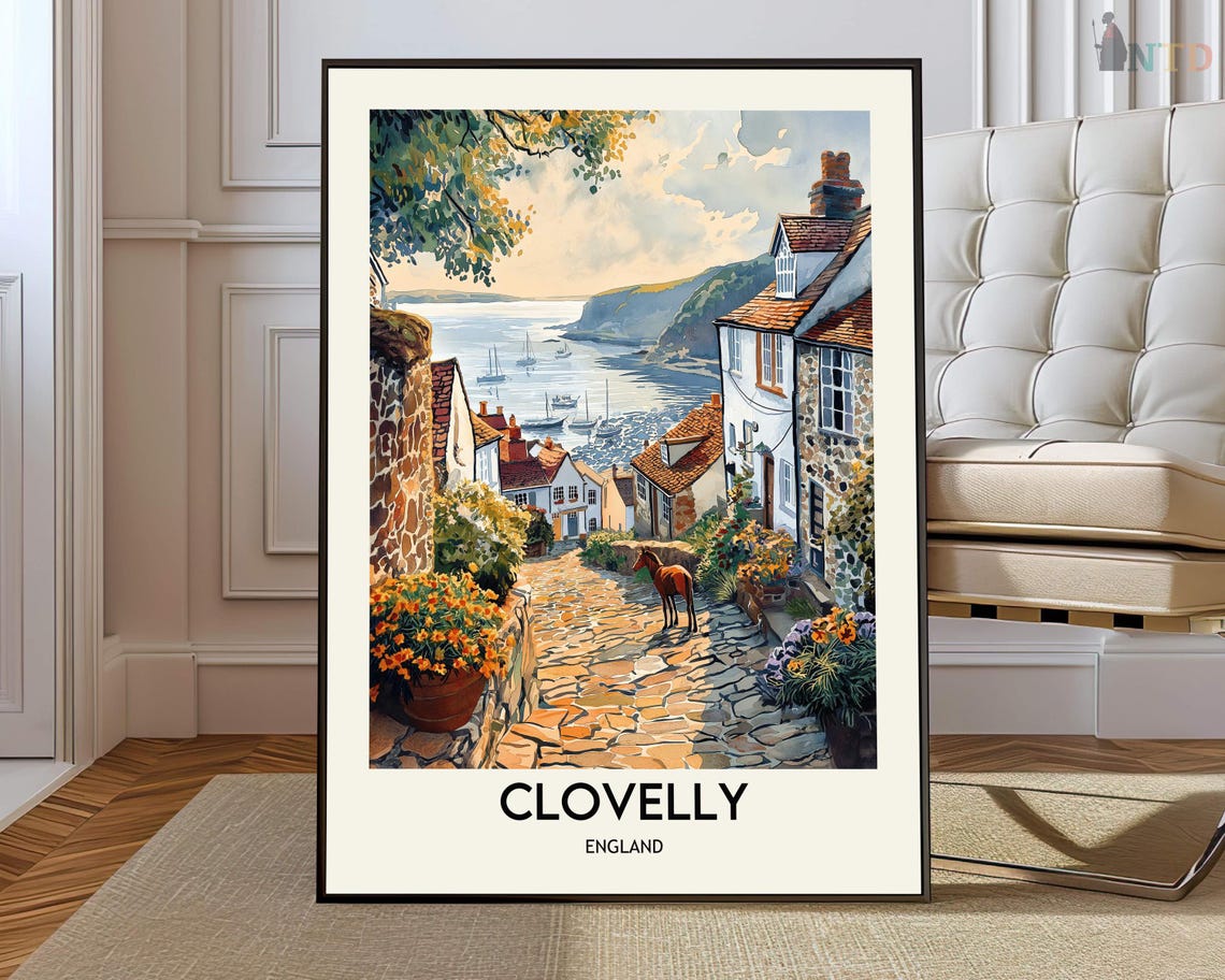 Clovelly England Harbor Village Watercolor Street Scene Poster