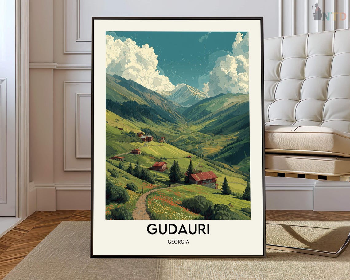 Gudauri Georgia Vintage Alpine Mountain Valley Village Travel Poster