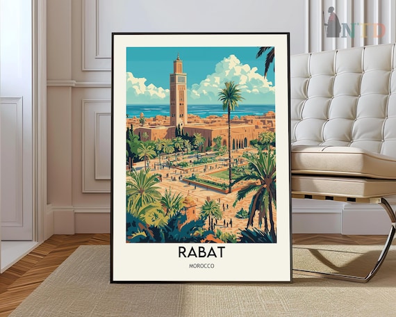 Rabat Morocco Hassan Tower Palm Tree Ocean Cityscape Vintage Travel Poster