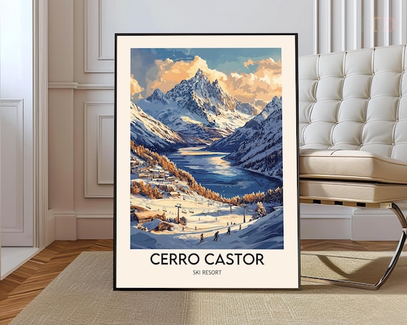 Cerro Castor Ski Resort Golden Sunset Peaks Village Lake Poster