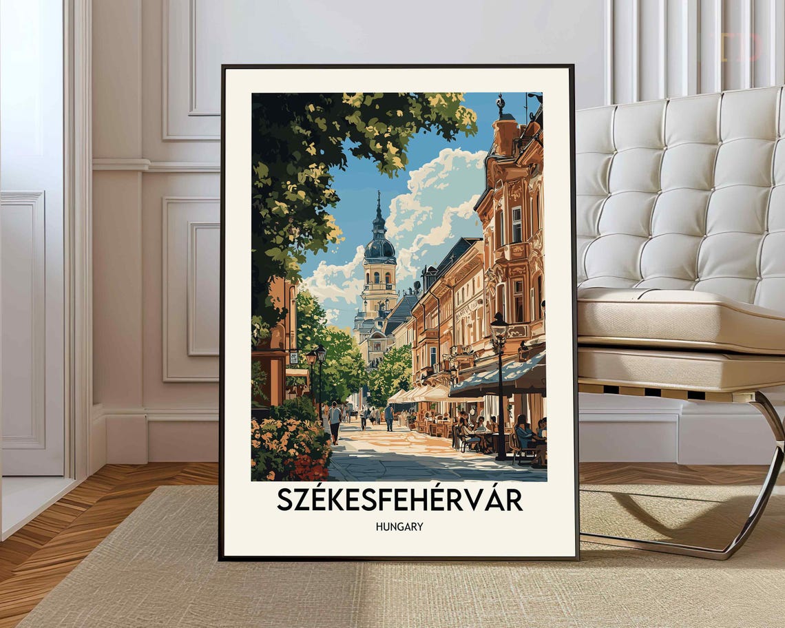 Szekesfehervar Hungary Old Town Street Church Retro Travel Poster