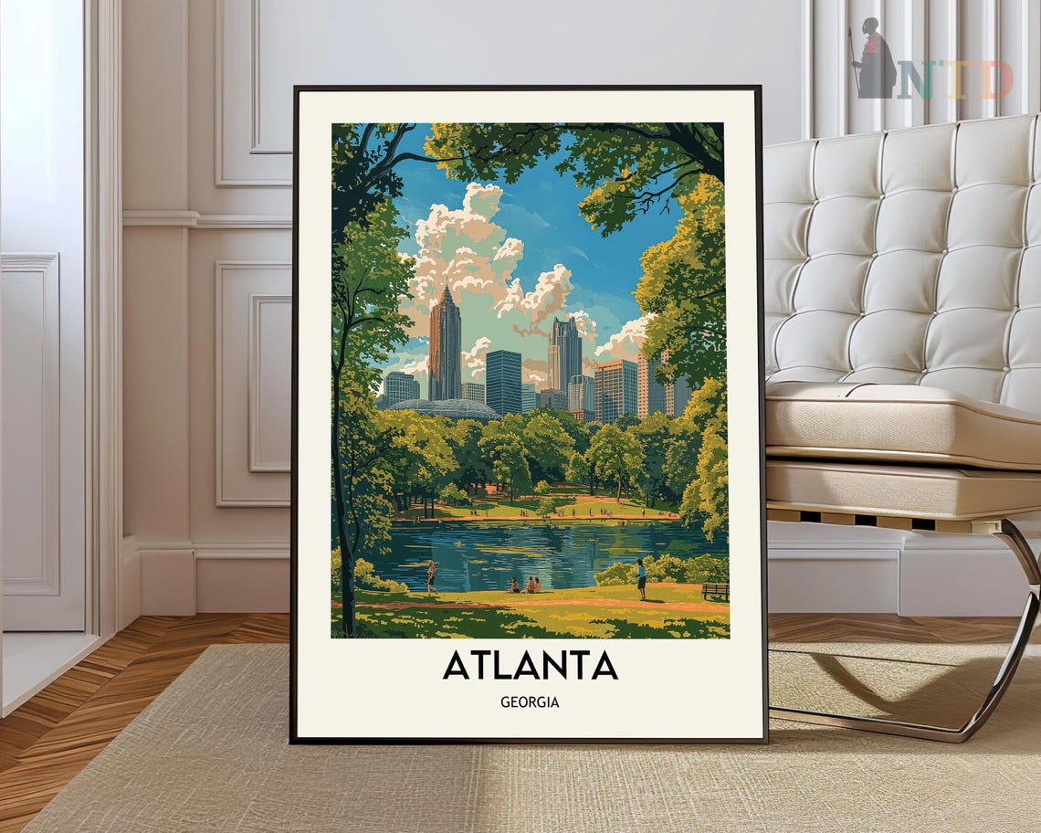 Atlanta Georgia Skyline Over a Sunny Park Lake Travel Poster