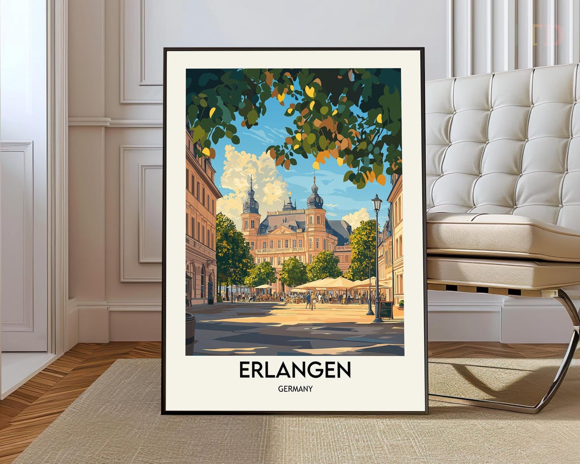 Erlangen Germany Palace Square Travel Poster with Summer Trees