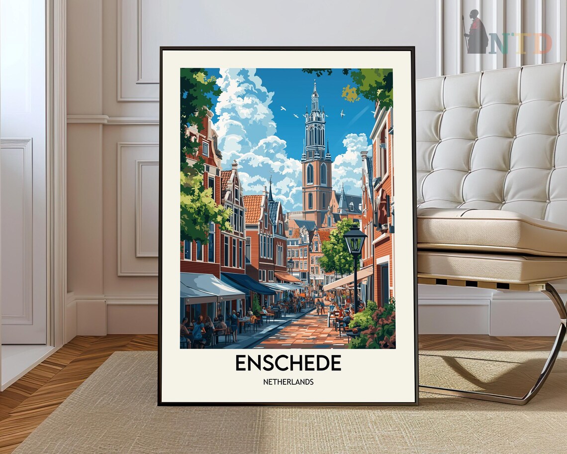 Enschede Netherlands Vintage Historic Canal City Scene Travel Poster