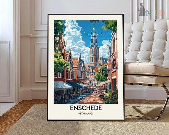 Enschede Netherlands Vintage Historic Canal City Scene Travel Poster