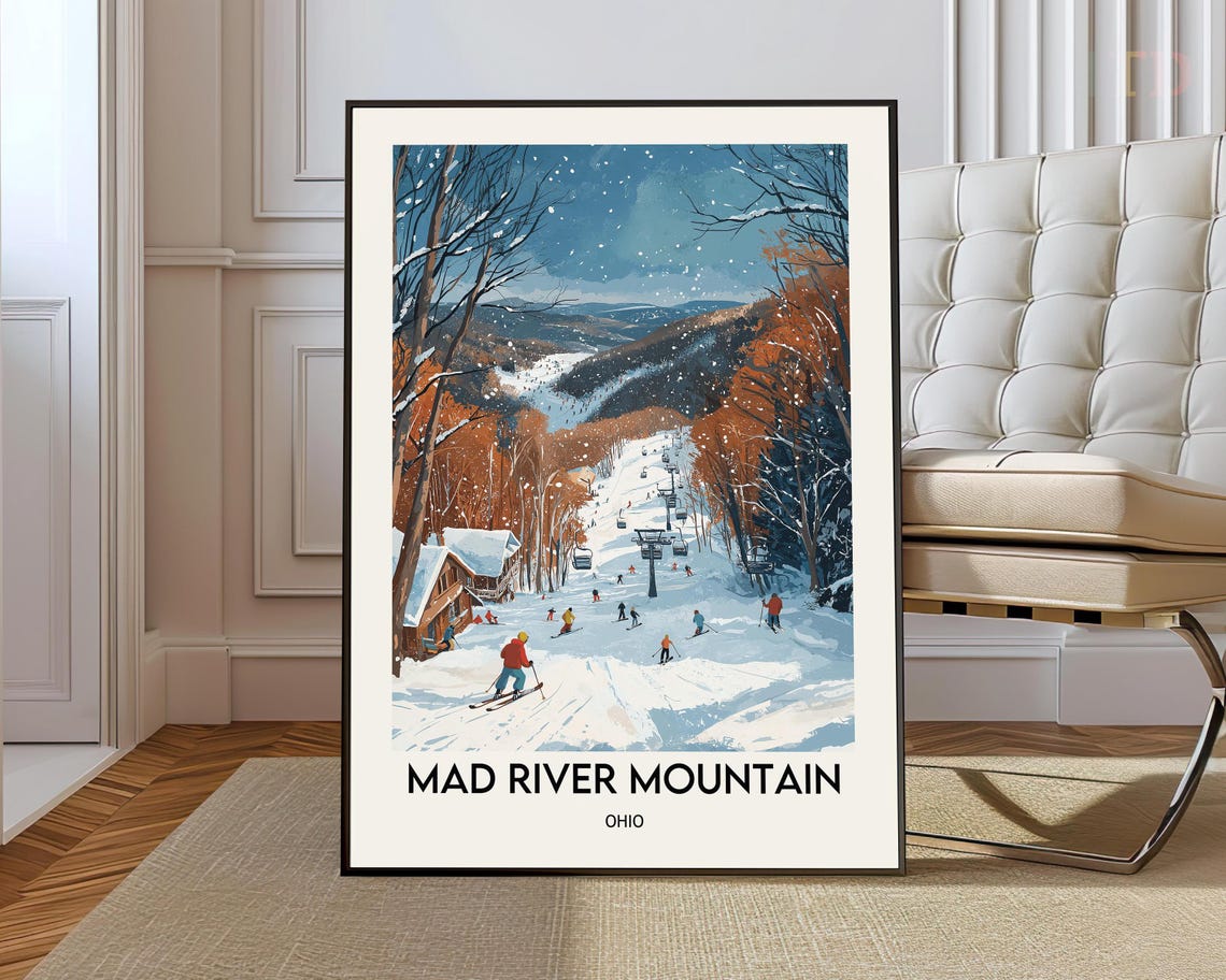 Mad River Mountain Ohio Ski Poster Winter Slopes Lodge Scene