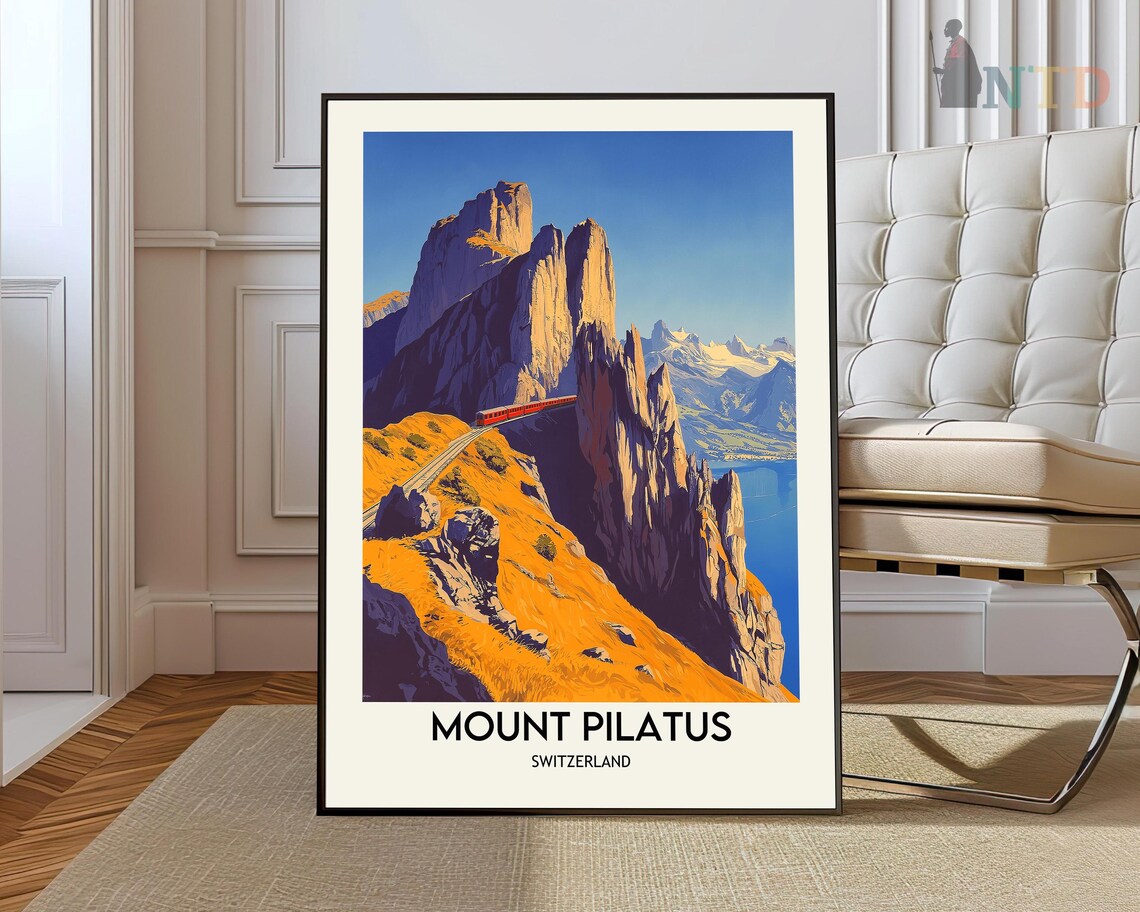 Mount Pilatus Switzerland Rocky Ridge Red Train Sunset Travel Poster