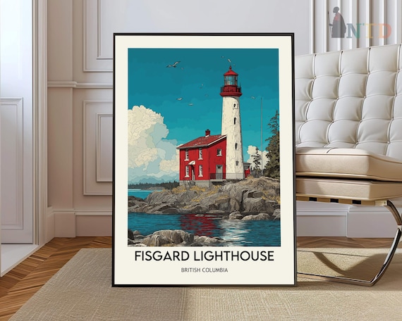 Fisgard Lighthouse Rocky Shore Vintage Style British Columbia Art Poster