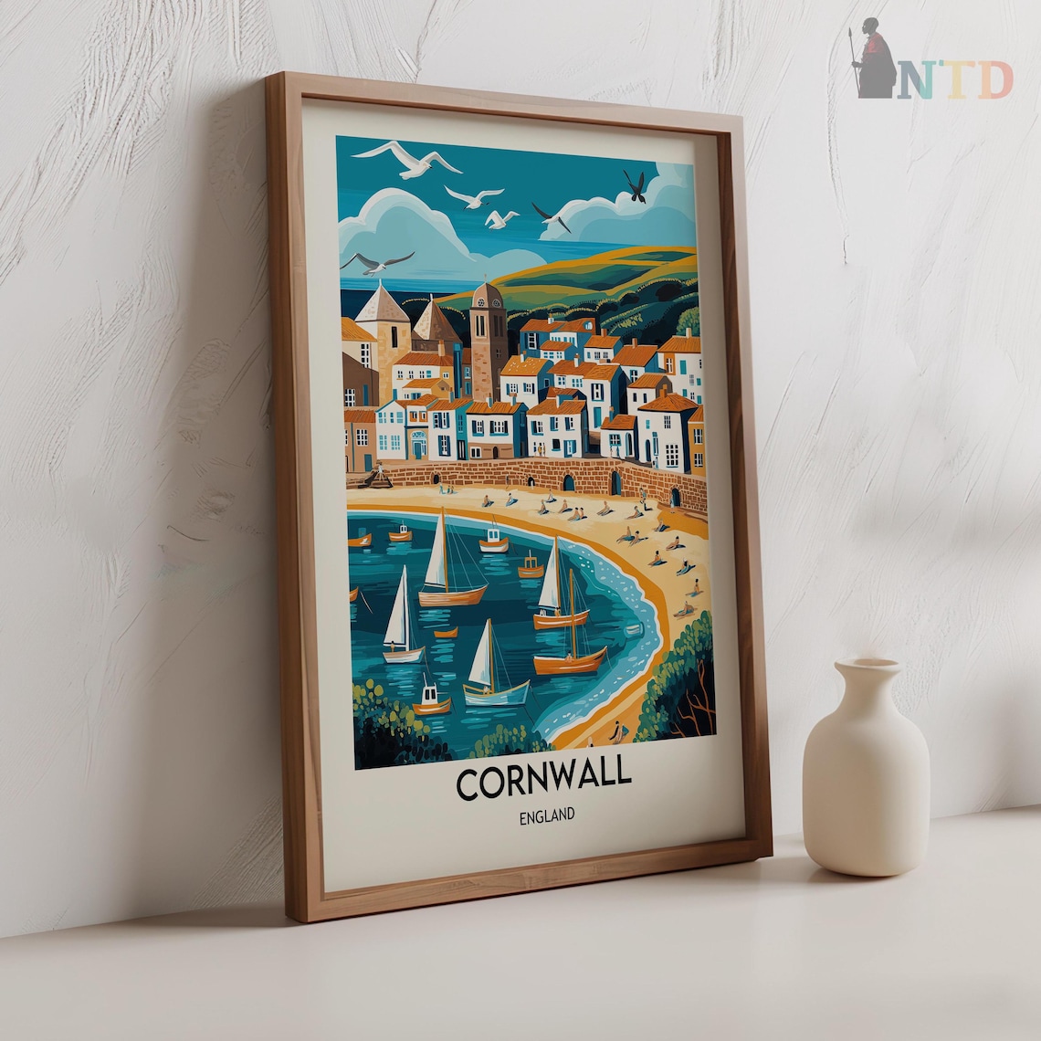 Cornwall Colorful Harbor Village with Sailboats and Seagulls Poster - Image 2