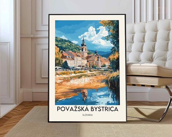 Povazska Bystrica Slovakia Riverside Town Church Illustrated Travel Poster