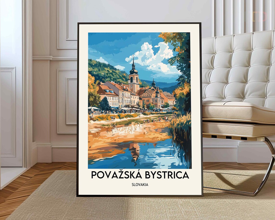 Povazska Bystrica Slovakia Riverside Town Church Illustrated Travel Poster
