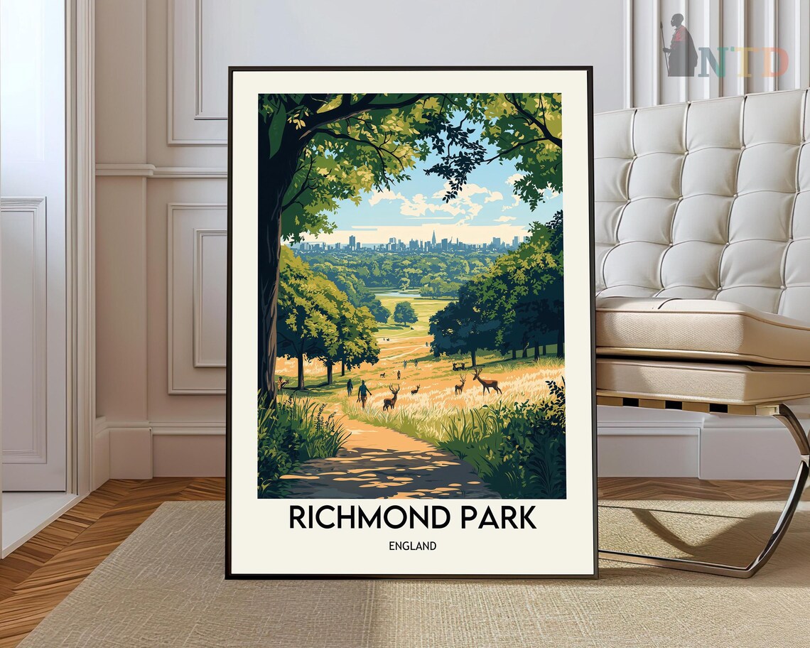 Richmond Park England Golden Meadow Deer Vintage Travel Poster