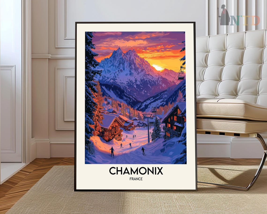 Chamonix France Sunset Ski Village Alpine Glow Slopes Poster