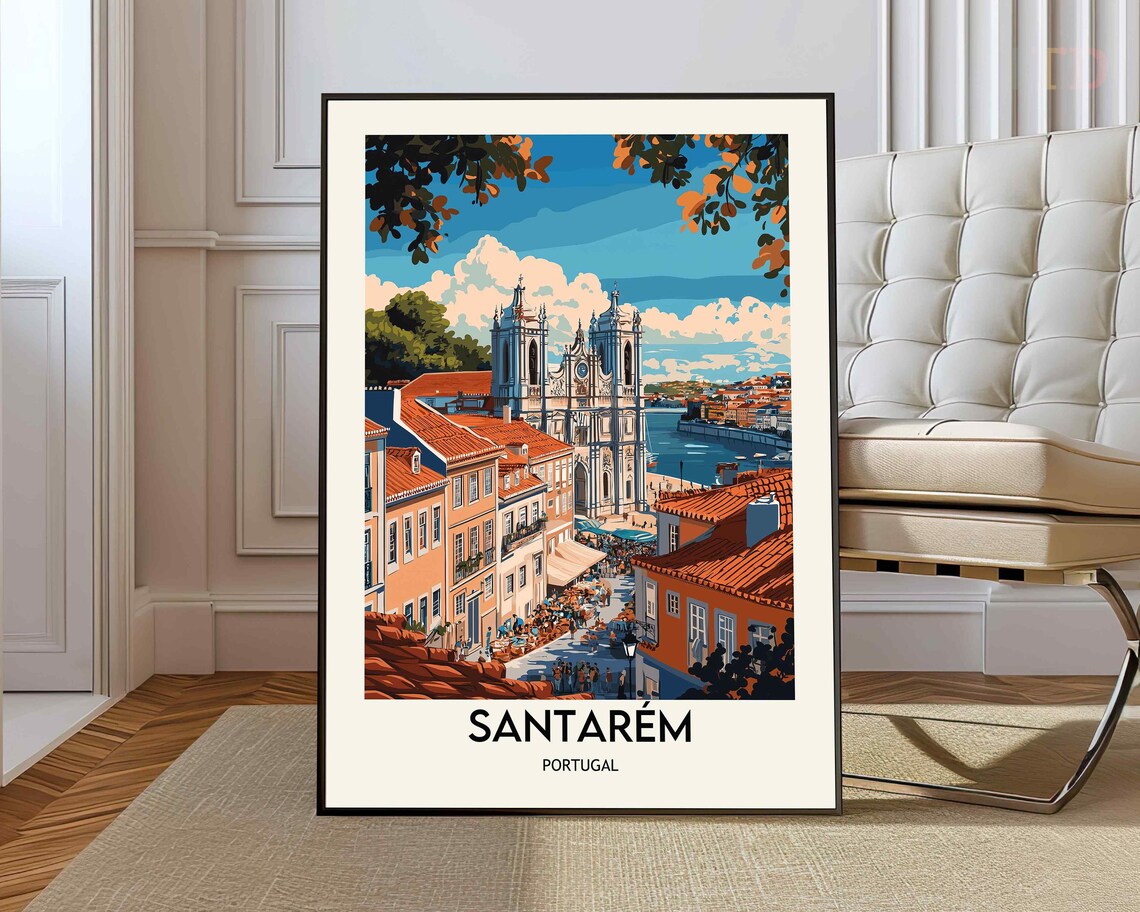 Santarém Portugal Riverside Old Town Twin Towers Travel Poster