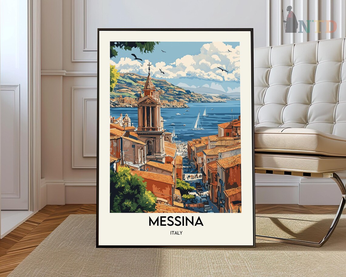 Messina Italy Sicily Coastal City Church Vintage Travel Poster