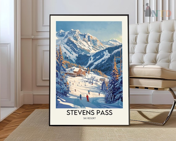 Stevens Pass Ski Resort Retro Lodge and Skiers Mountain Poster