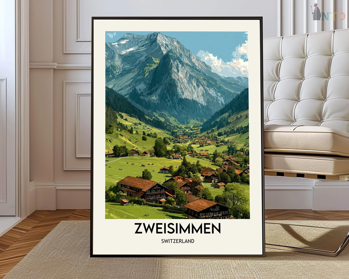 Zweisimmen Switzerland Snowy Alpine Peaks Chalet Village Travel Poster
