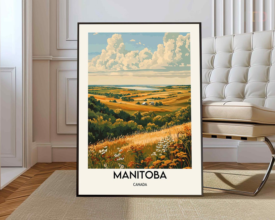 Manitoba Canada Prairie Golden Rolling Landscape Travel Poster