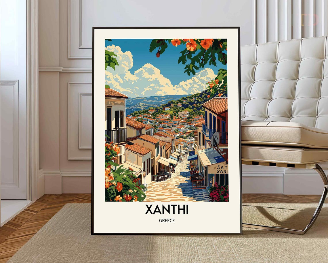 Xanthi Greece Vintage Travel Poster Old Town Hillside Floral Artwork