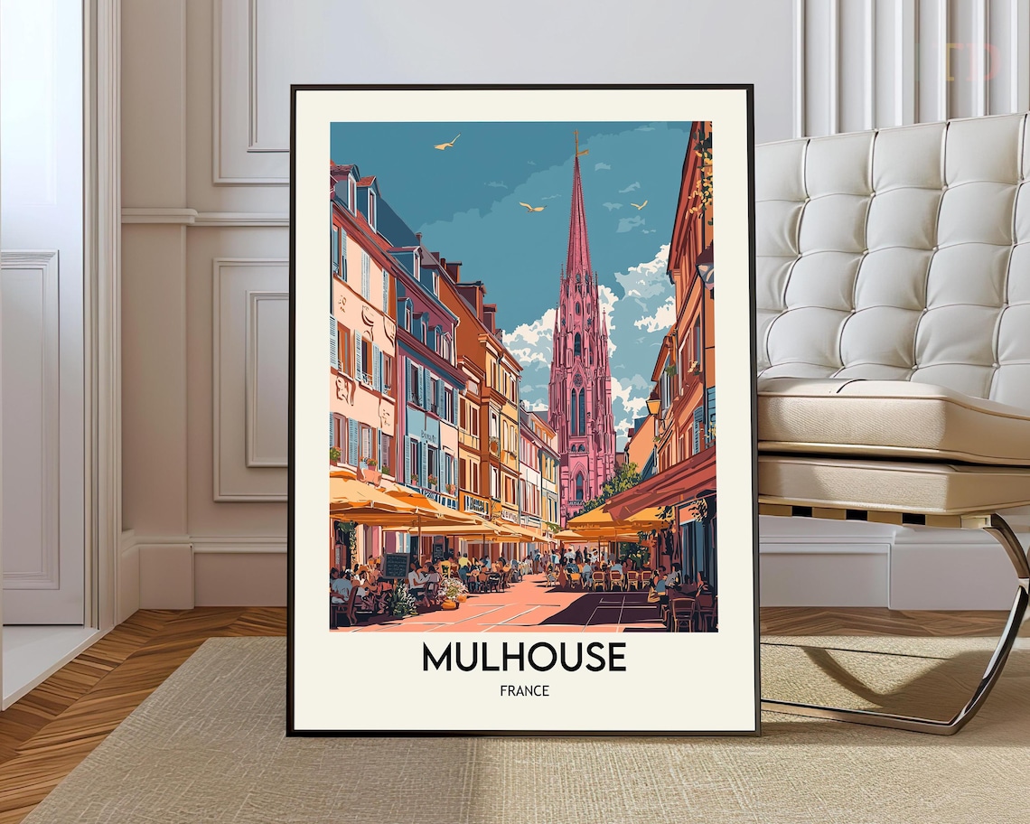 Mulhouse France Cathedral Spire Poster with Bustling Cafe Street View