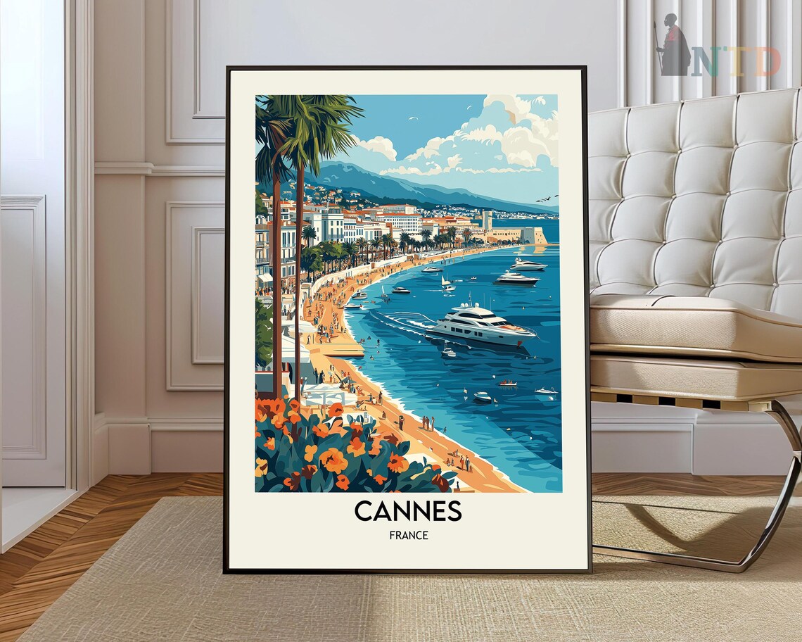Cannes France Riviera Beach Palms Vintage Travel Wall Poster