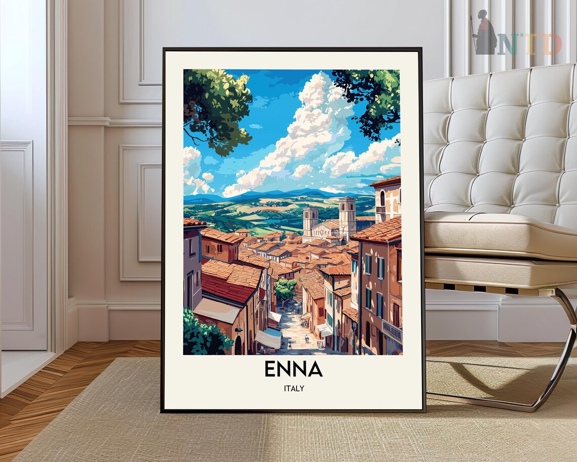 Enna Italy Travel Poster Hilltop Old Town Towers Scenic View
