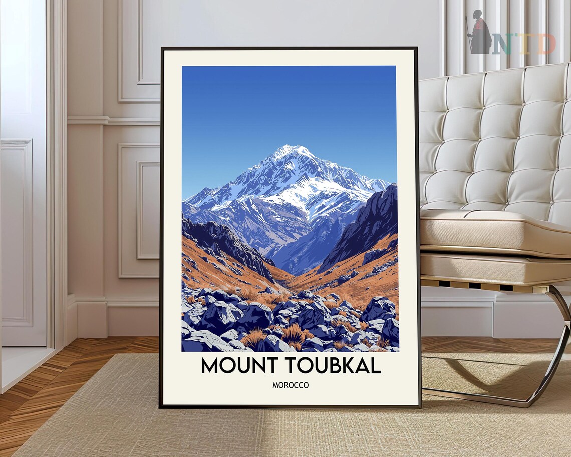 Mount Toubkal Morocco Snow Atlas Peak Rocky Valley Travel Poster