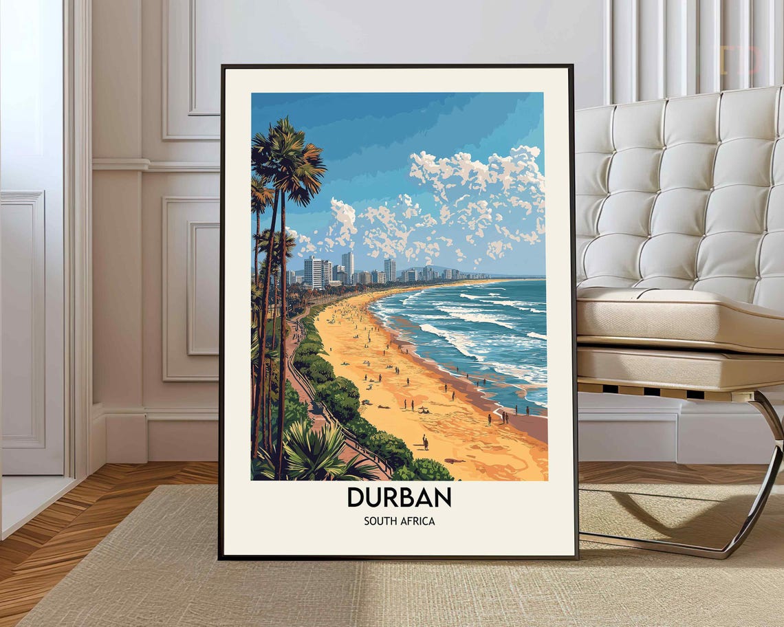Durban South Africa Sunny Golden Beach Palms Skyline Travel Poster