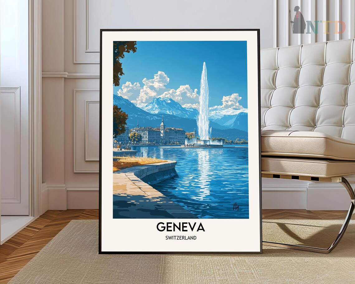 Geneva Jet dEau Fountain and Lake with Snowy Alps Beyond Poster