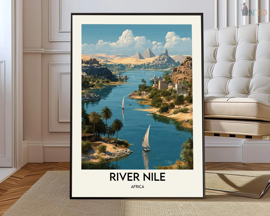 River Nile Africa Vintage Travel Illustration Felucca Poster