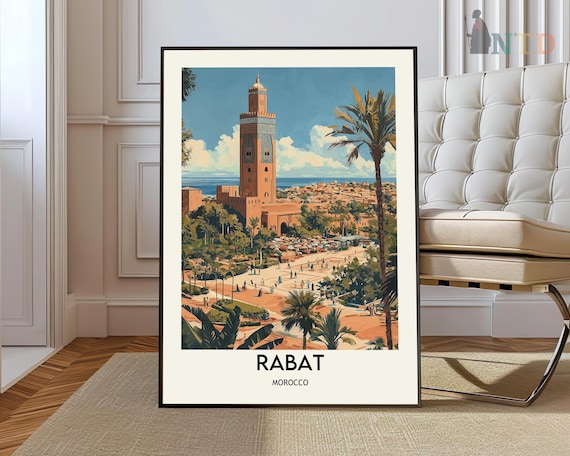 Rabat Morocco Minaret Palm City Vintage Travel Landmark Poster