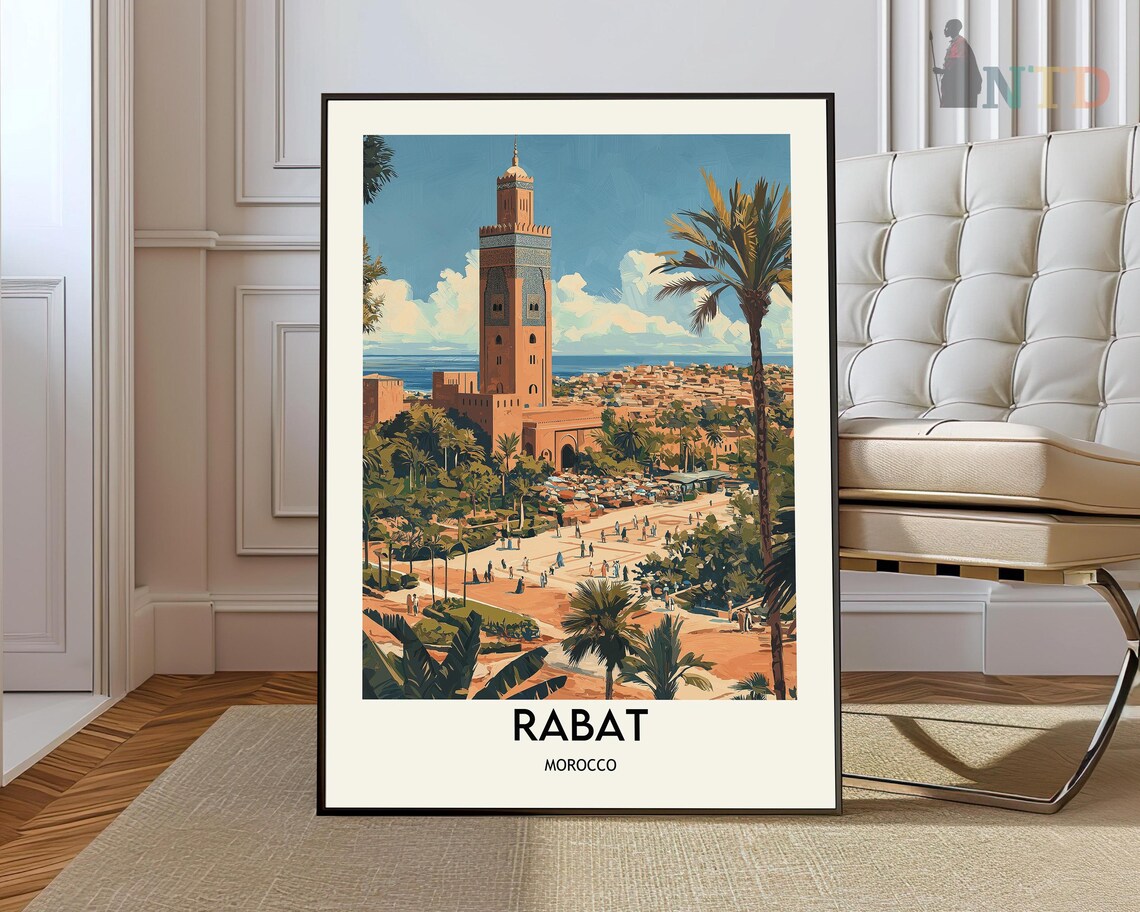 Rabat Morocco Minaret Palm City Vintage Travel Landmark Poster