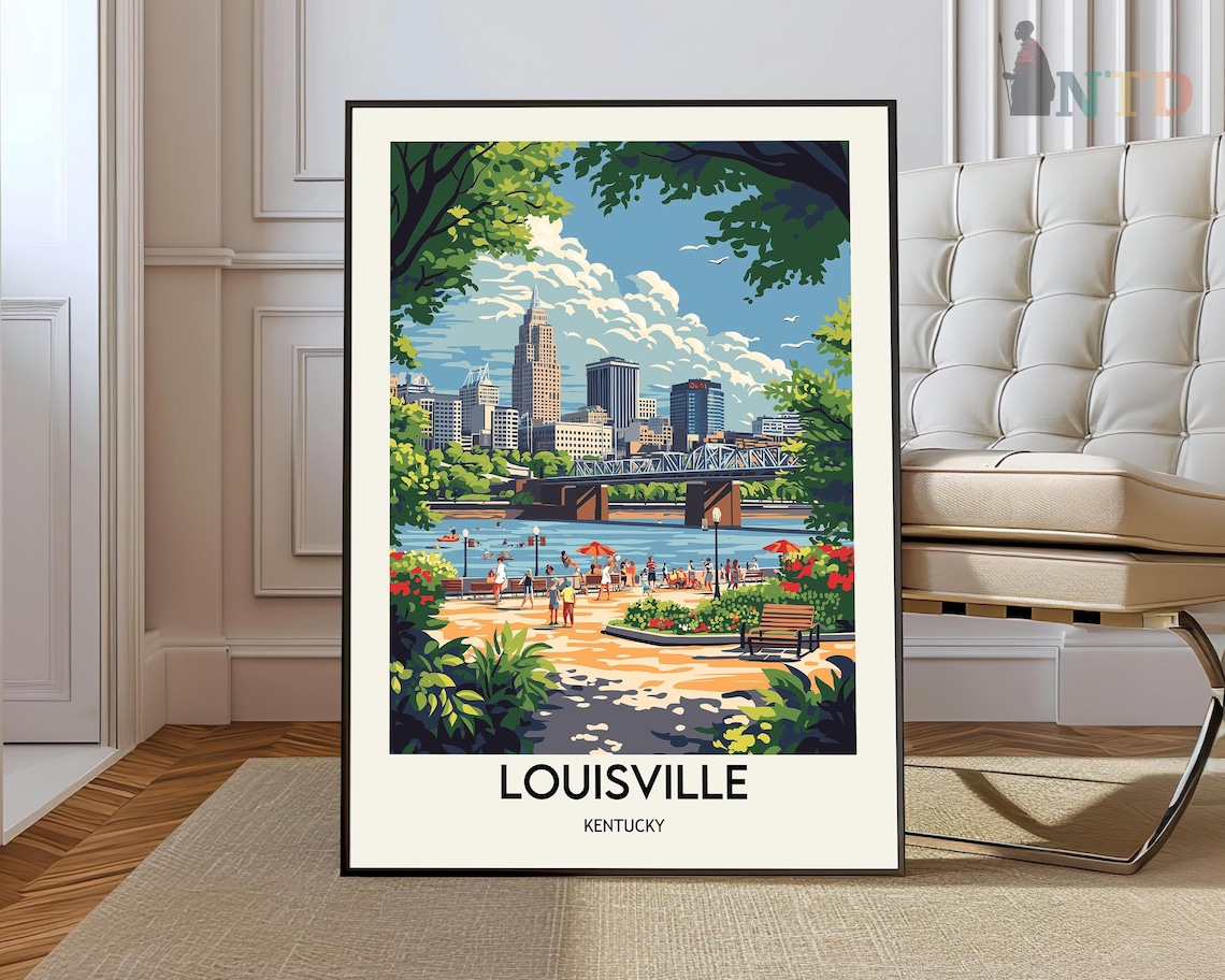 Louisville Kentucky Downtown Skyline Riverfront Park Vintage Travel Poster
