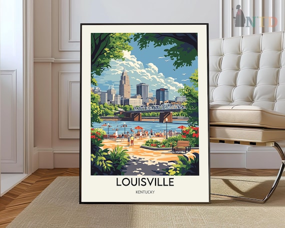Louisville Kentucky Downtown Skyline Riverfront Park Vintage Travel Poster