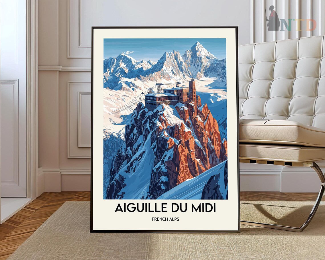 Aiguille du Midi French Alps Summit Cable Car Vintage Poster
