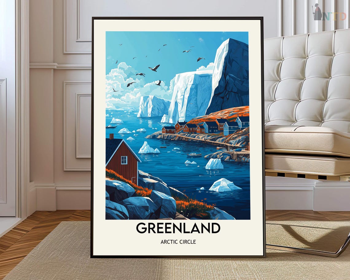 Greenland Arctic Circle Iceberg Village Travel Illustration Poster