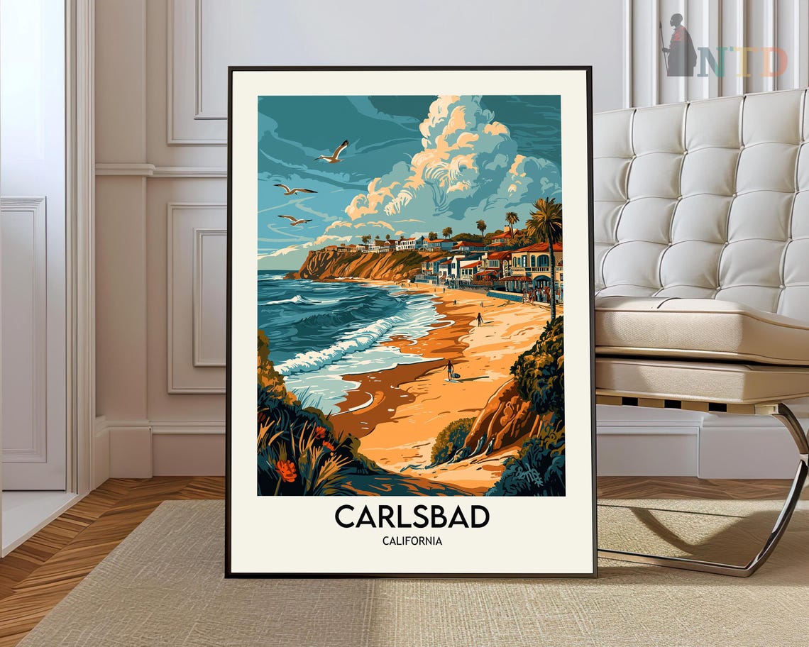 Carlsbad California Sunny Beach Cove Cliffs Coastal Travel Poster
