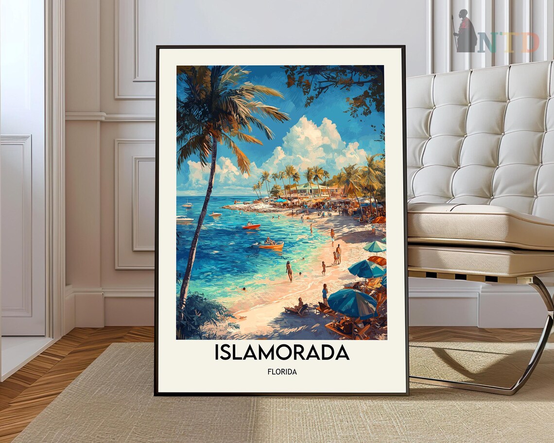 Islamorada Florida Vintage Travel Art Tropical Beach Umbrellas Scene Poster
